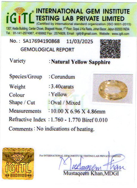 Ceylon Yellow Sapphire - 3.40 Carat Prime Quality CYS 3783