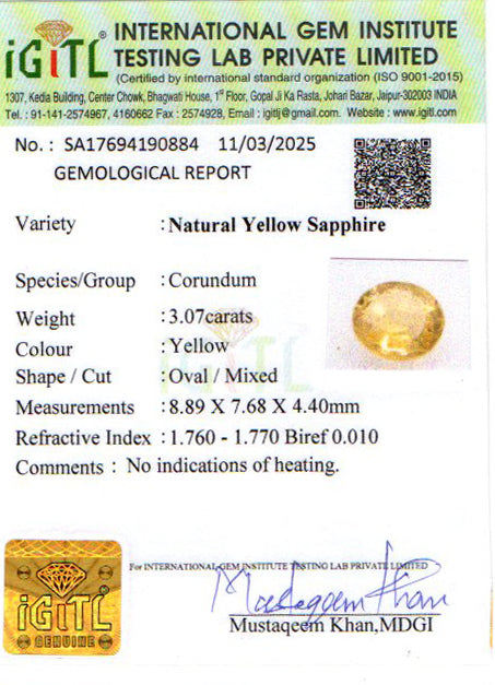 Ceylon Yellow Sapphire - 3.07 Carat Prime Quality CYS 3784