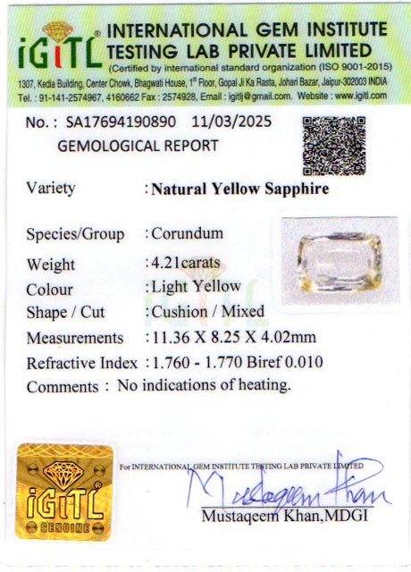 Ceylon Yellow Sapphire - 4.21 Carat Limited Quality CYS 3796