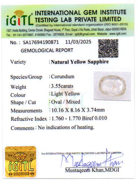 Yellow Sapphire - 3.55 Carat (Ceylon) Prime Quality CYS-3806