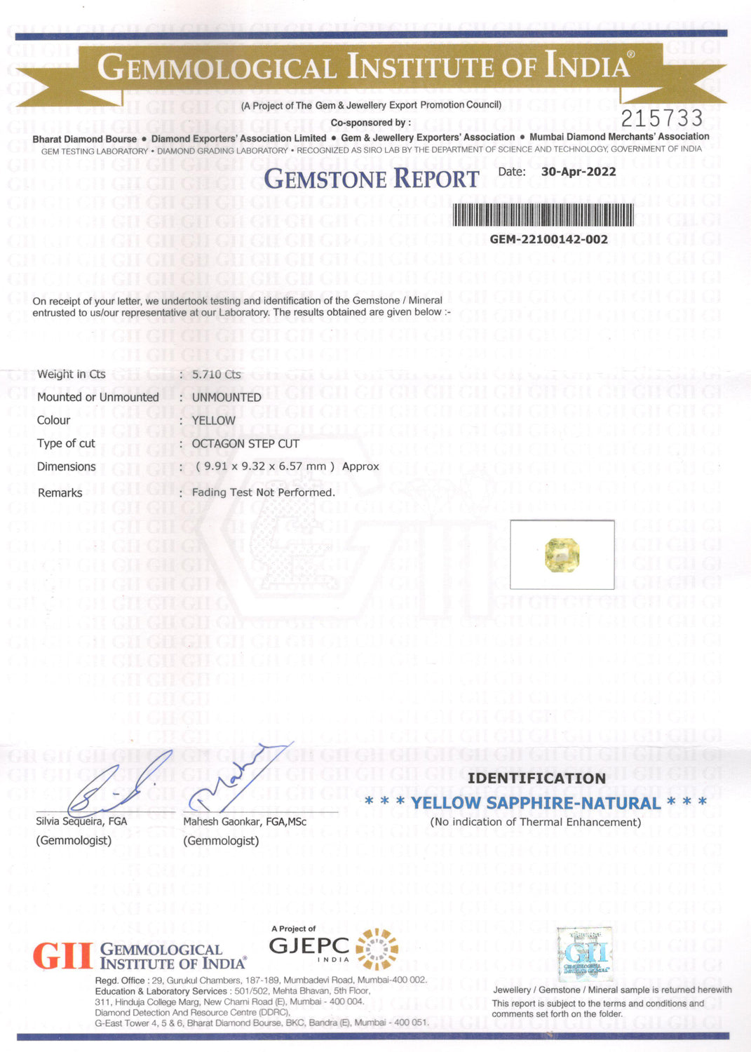 Yellow Sapphire - 5.71 Carats