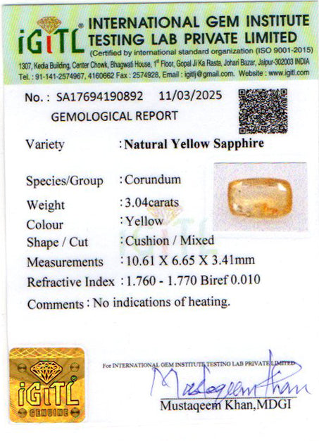 Ceylon Yellow Sapphire - 3.04 Carat Fine Quality CYS-3872