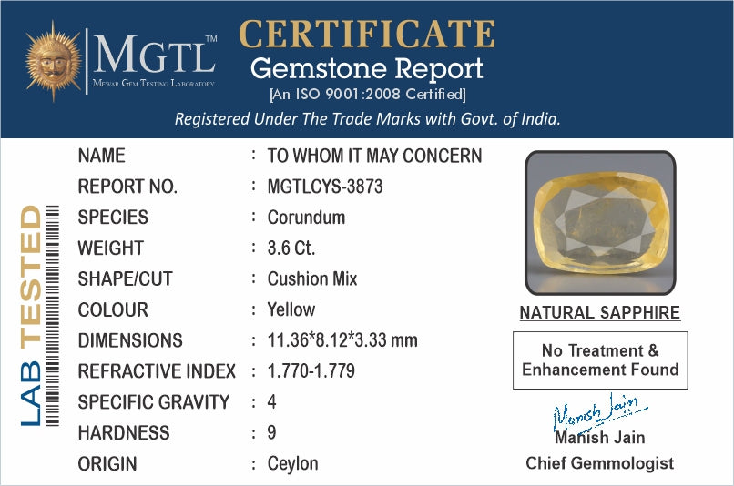 Ceylon Yellow Sapphire - 3.60 Carat Fine Quality CYS-3873