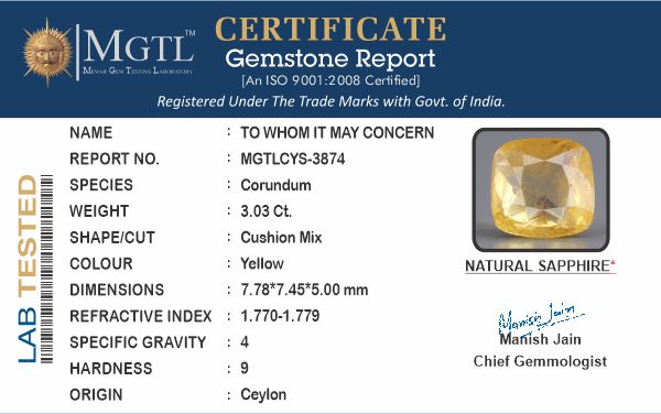 Ceylon Yellow Sapphire - 3.03 Carat Limited Quality CYS-3874