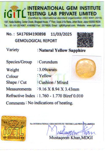 Ceylon Yellow Sapphire - 3.09 Carat Fine Quality CYS-3878