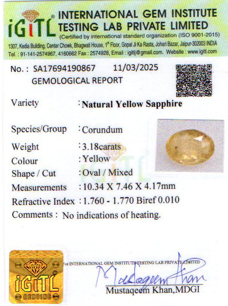 Ceylon Yellow Sapphire - 3.18 Carat Fine Quality CYS-3896