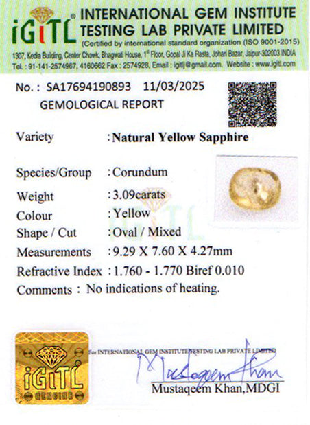 Ceylon Yellow Sapphire - 3.09 Carat Fine Quality CYS-3898