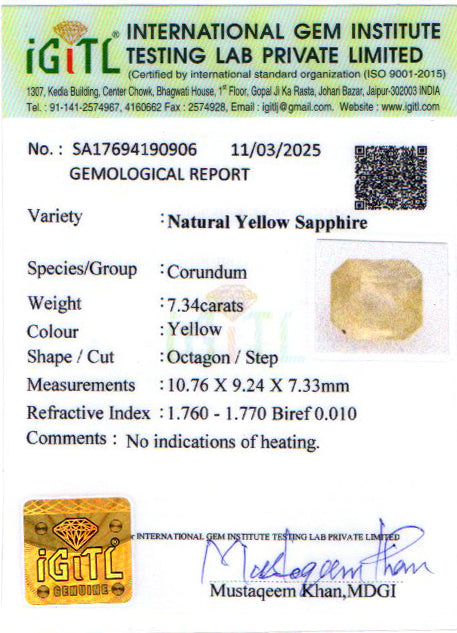 Ceylon Yellow Sapphire - 7.34 Carat Prime Quality CYS-3907