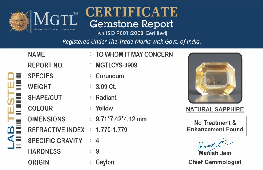 Ceylon Yellow Sapphire - 3.09 Carat Rare Quality CYS-3909