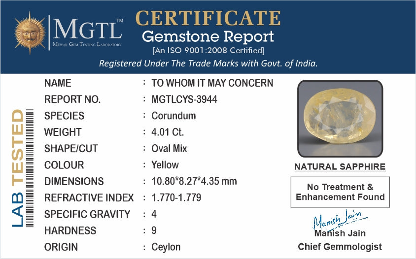 Ceylon Yellow Sapphire - 4.01 Carat Prime Quality CYS-3944