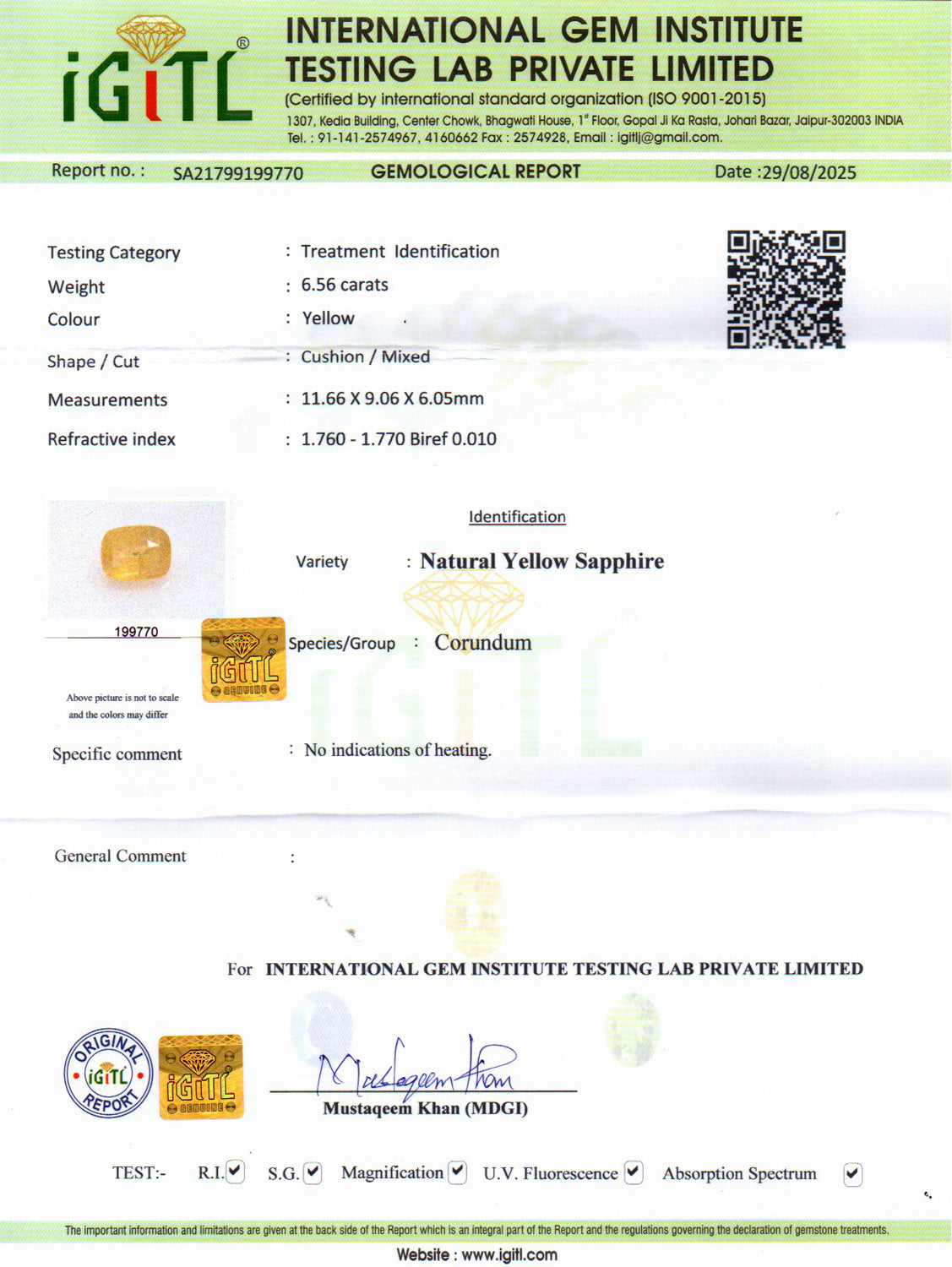 Ceylon Yellow Sapphire - 6.56 Carat Prime Quality CYS-4042