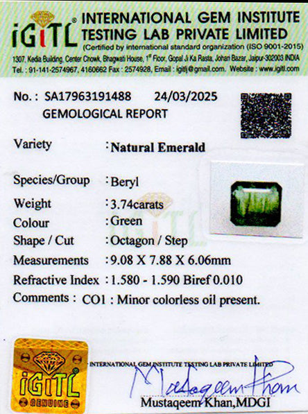 Zambian Emerald - 3.74 Carat Prime Quality EMD-10021