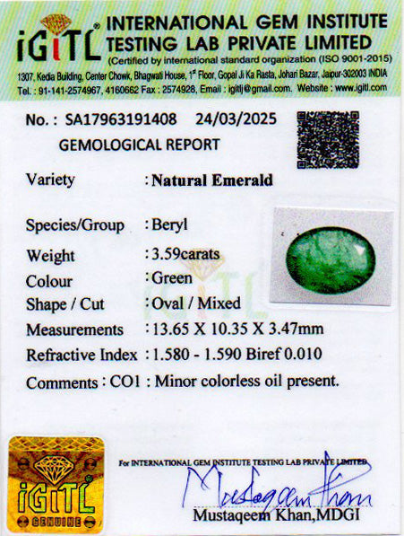 Zambian Emerald - 3.59 Carat Prime Quality EMD-10074