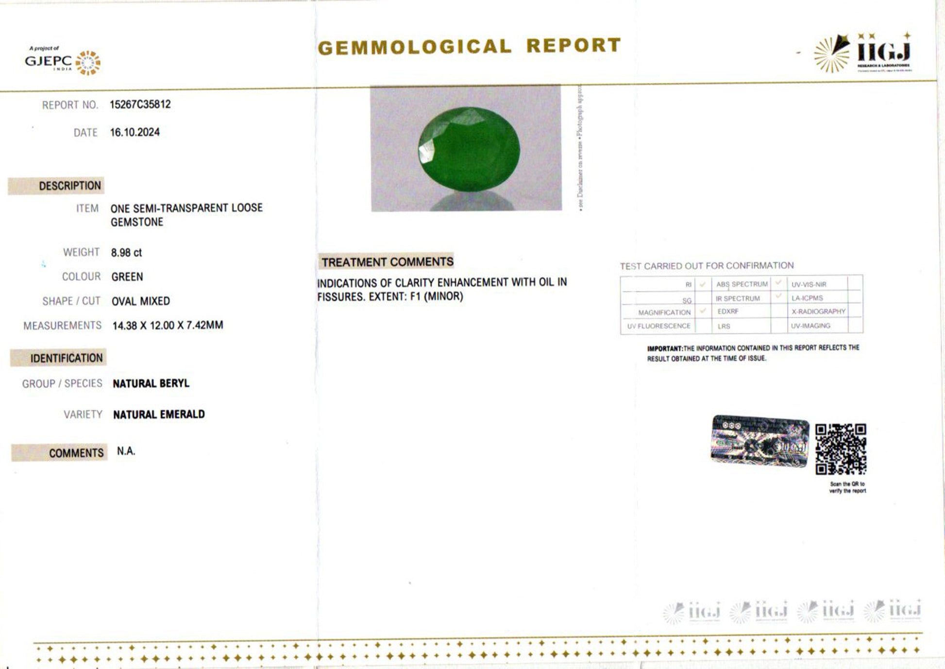 Zambian Emerald - 8.98 Carat Prime Quality EMD-10130