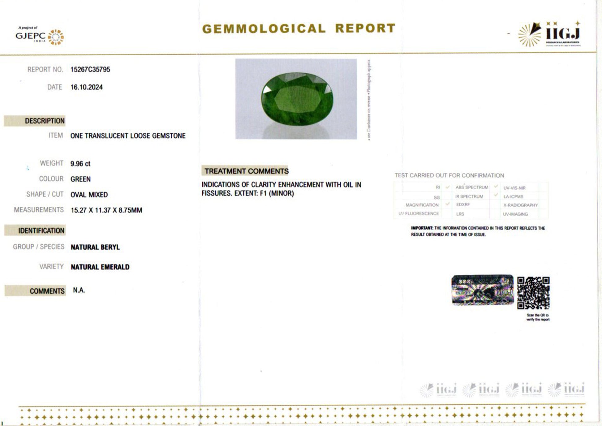 Zambian Emerald - 9.96 Carat Prime Quality EMD-10131