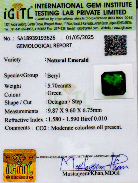 Zambian Emerald - 5.70 Carat Prime Quality EMD-10227