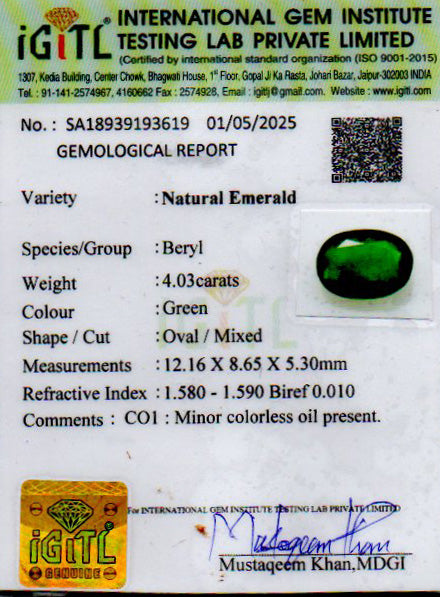 Zambian Emerald - 4.03 Carat Prime Quality EMD-10235