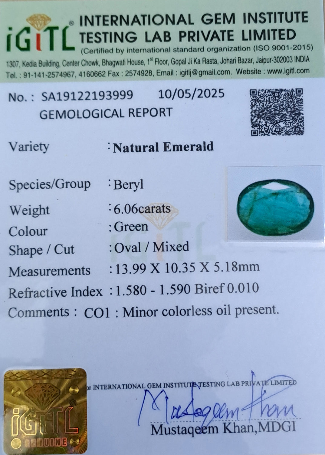 Zambian Emerald - 6.06 Carat Prime Quality EMD-10240