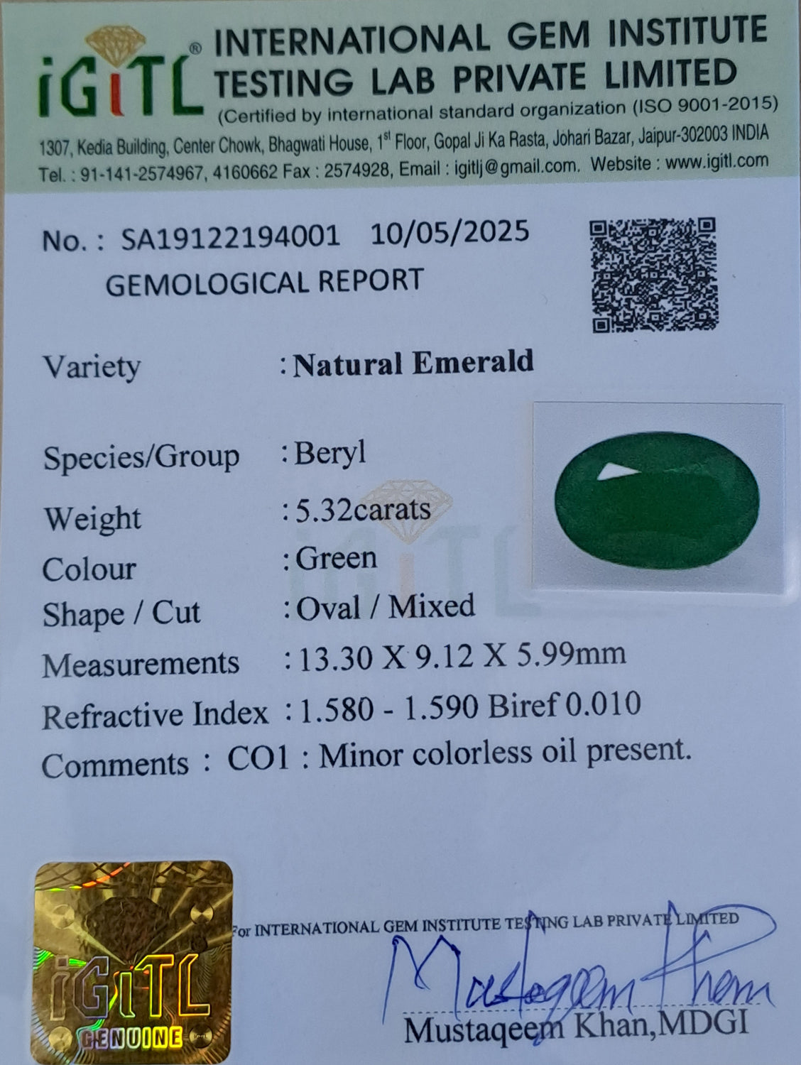 Zambian Emerald - 5.32 Carat Fine Quality EMD-10244