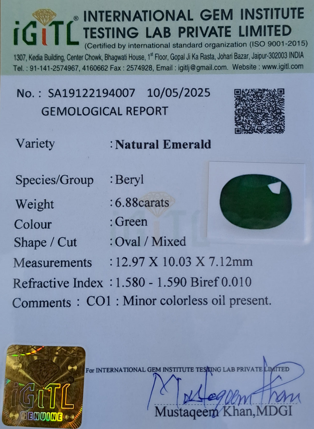 Zambian Emerald - 6.88 Carat Fine Quality EMD-10245