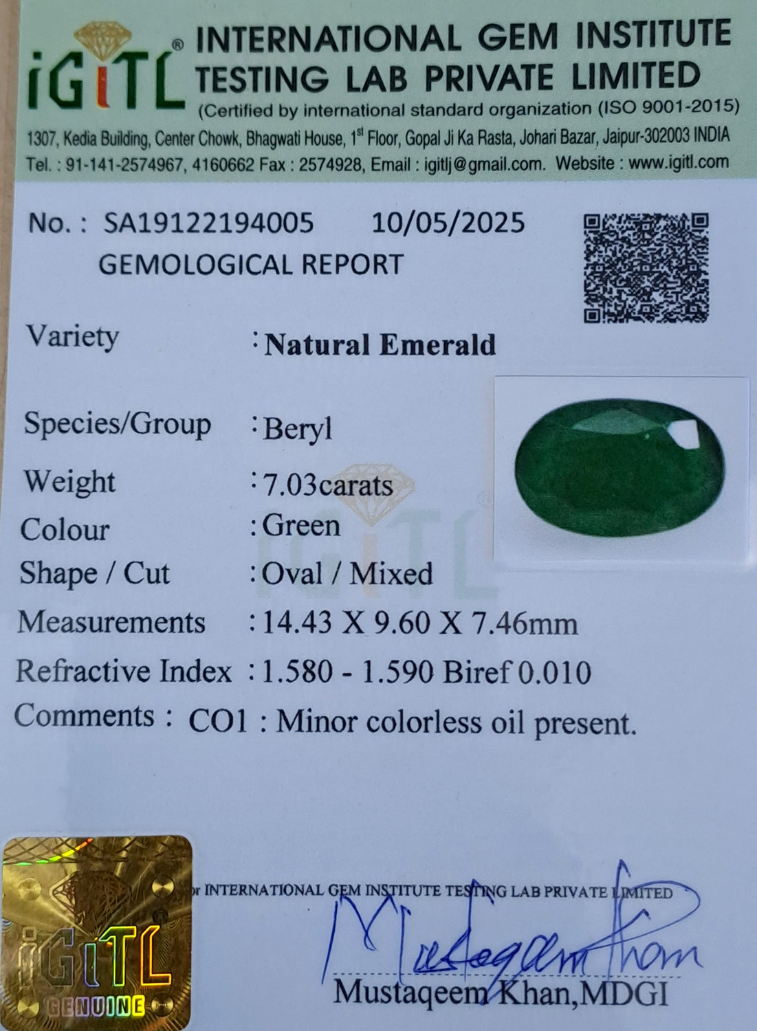 Zambian Emerald - 7.03 Carat Fine Quality EMD-10248