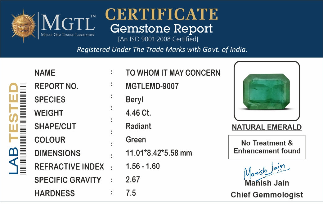 Zambian Emerald - 4.46 Carat Prime Quality EMD-9007