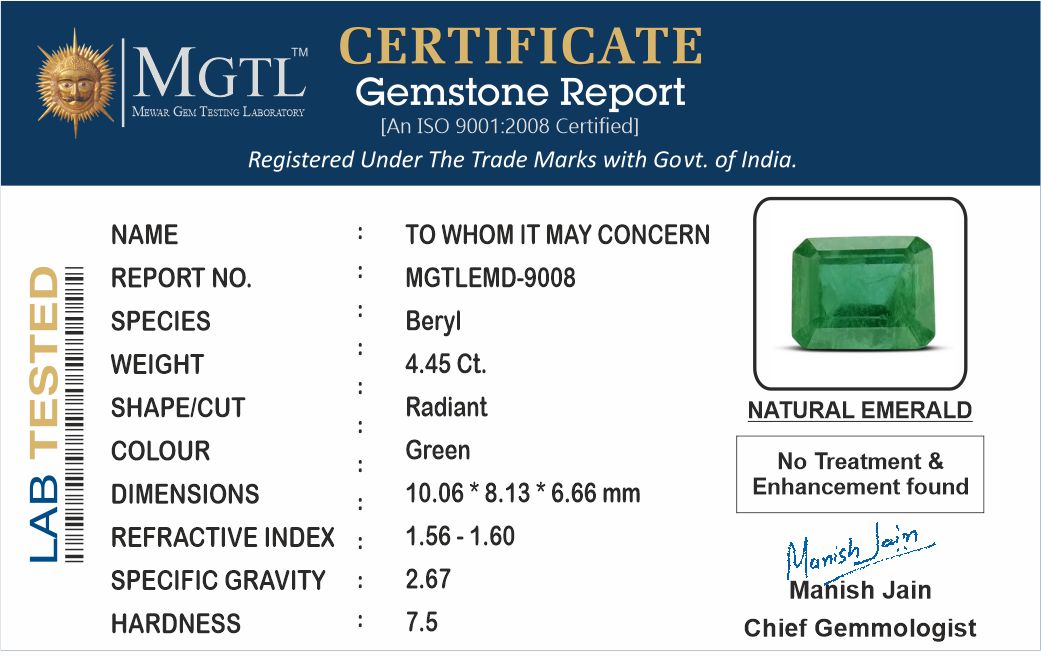 Zambian Emerald - 4.45 Carat Prime Quality EMD-9008