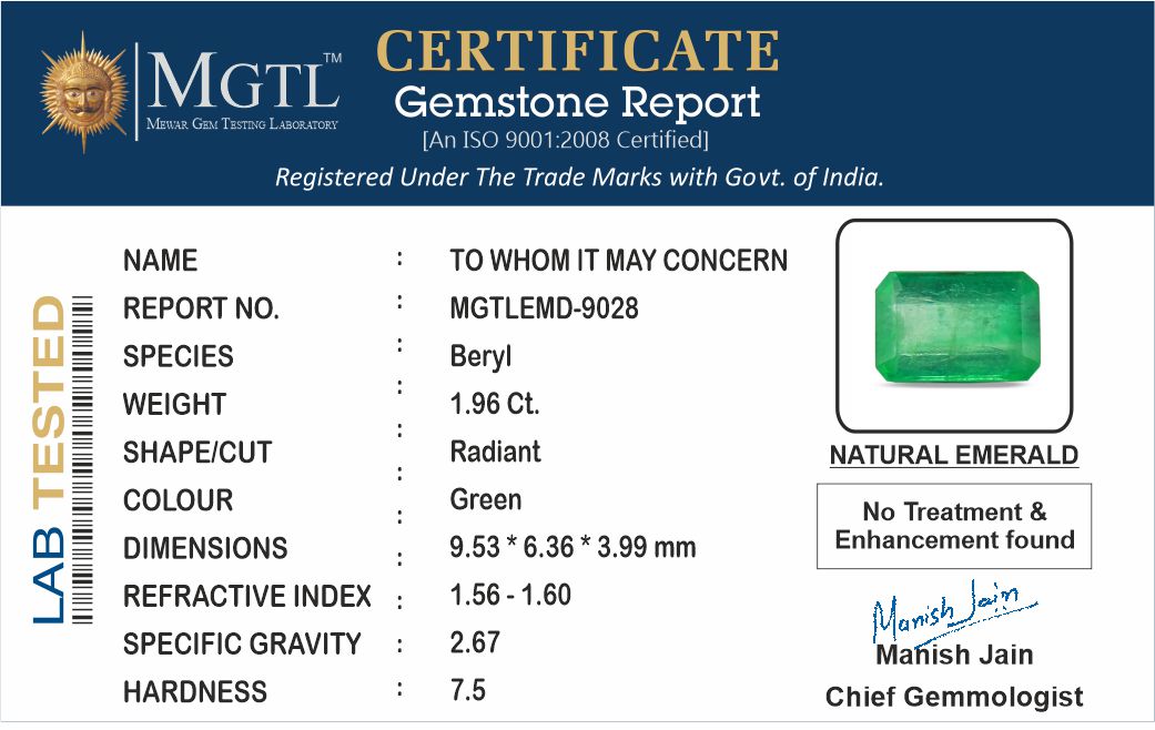 Zambian Emerald - 1.96 Carat Prime Quality EMD-9028