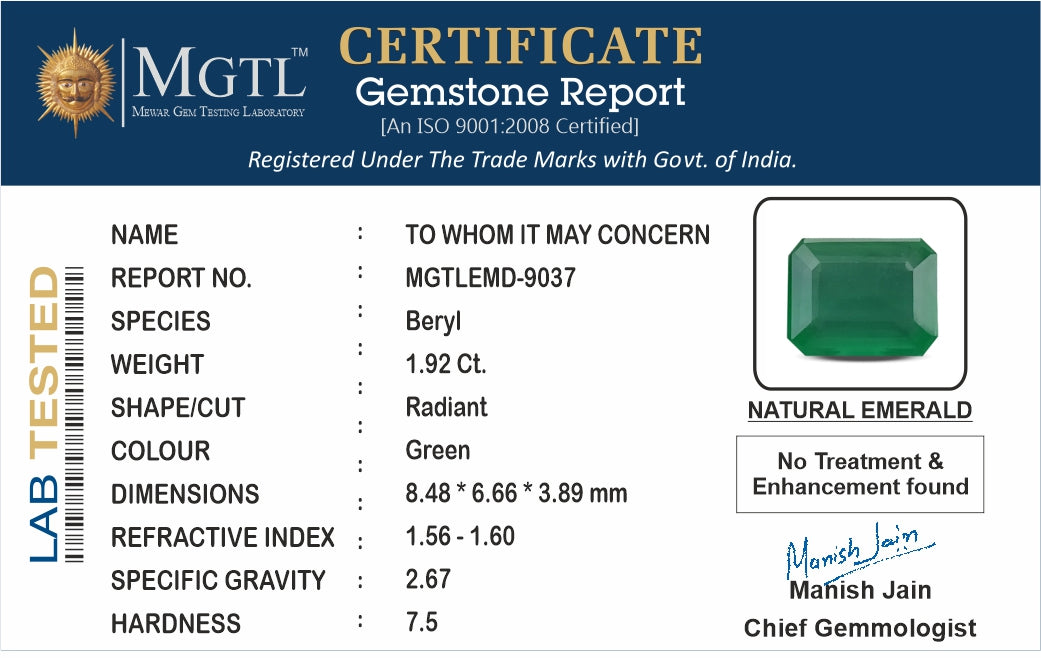 Zambian Emerald - 1.92 Carat Prime Quality EMD-9037