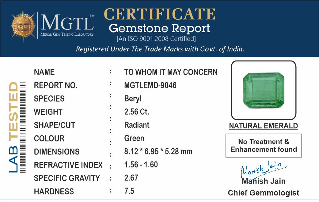 Zambian Emerald - 2.56 Carat Prime Quality EMD-9046