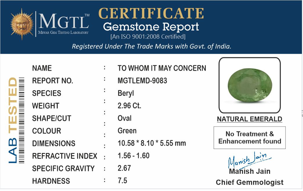 Colombian Emerald - 2.96 Carat Prime Quality EMD-9083