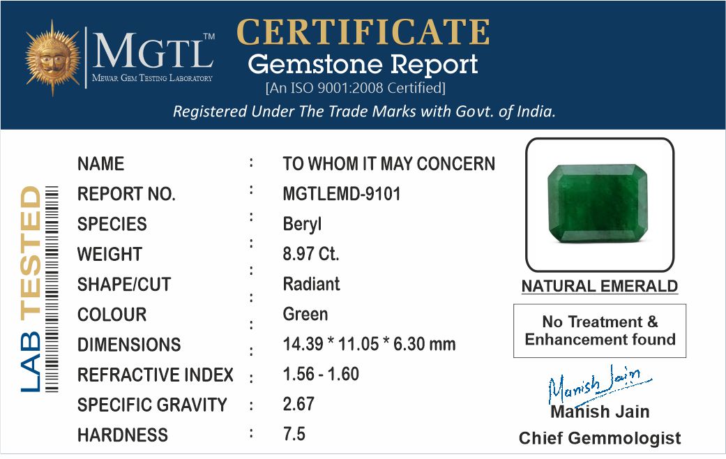Zambian Emerald - 8.97 Carat Fine Quality EMD-9101