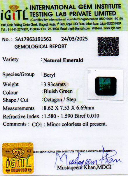 Zambian Emerald - 3.93 Carat Prime Quality EMD-9129