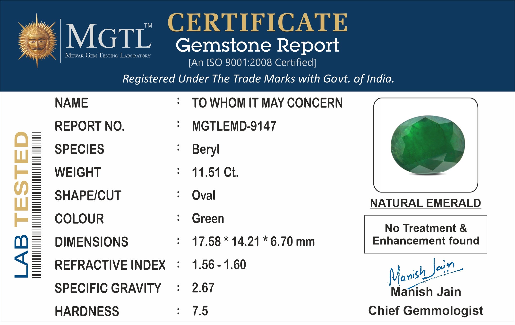 Zambian Emerald - 11.51 Carat Prime Quality EMD-9147