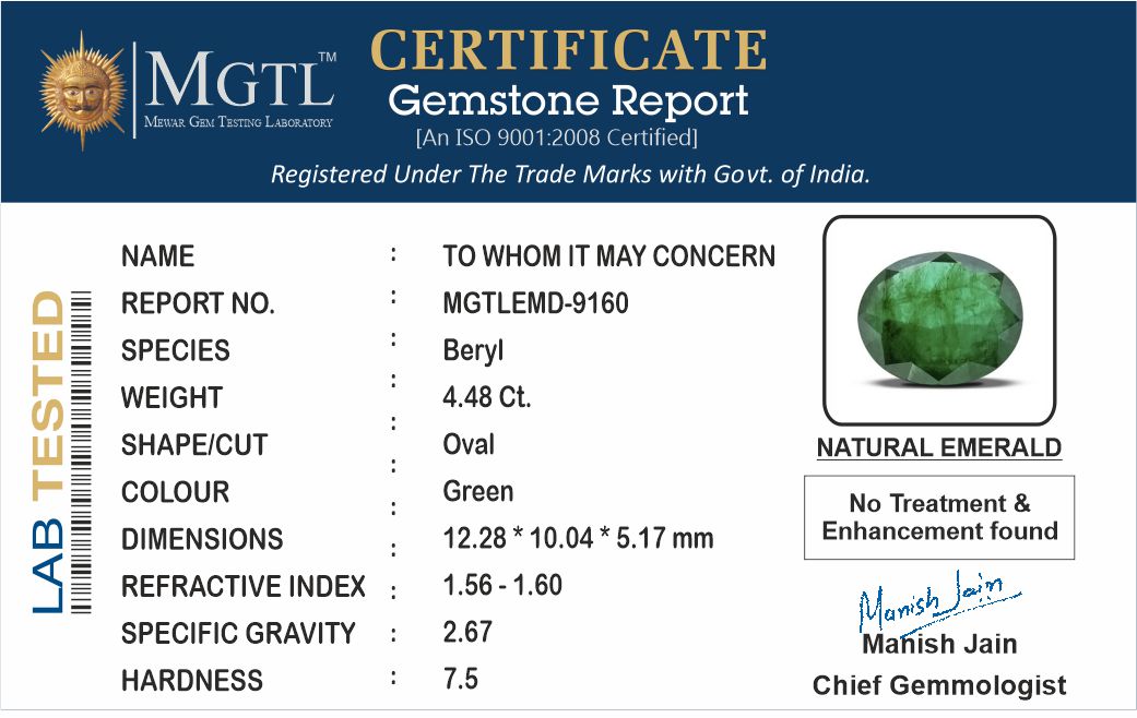 Zambian Emerald - 4.48 Carat Prime Quality EMD-9160