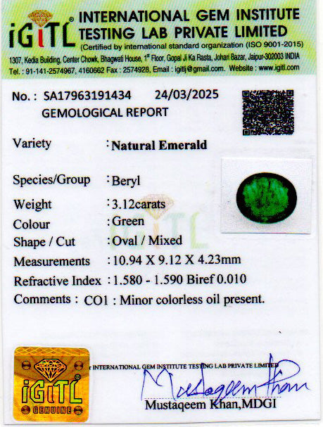 Zambian Emerald - 3.12 Carat Prime Quality EMD-9174