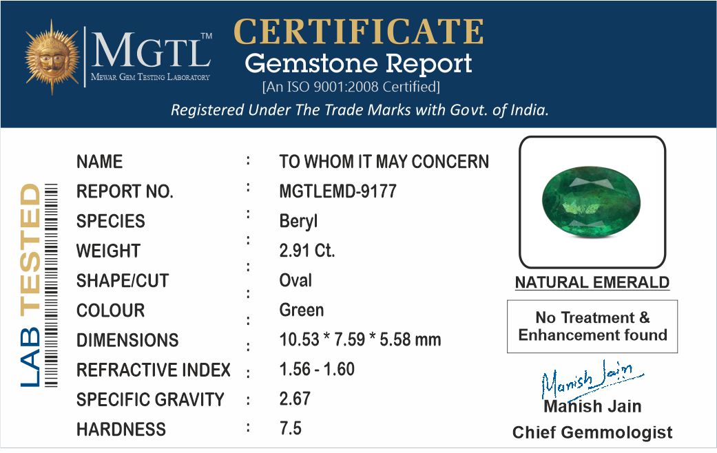 Zambian Emerald - 2.91 Carat Prime Quality EMD-9177