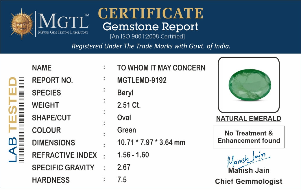 Zambian Emerald - 2.51 Carat Prime Quality EMD-9192