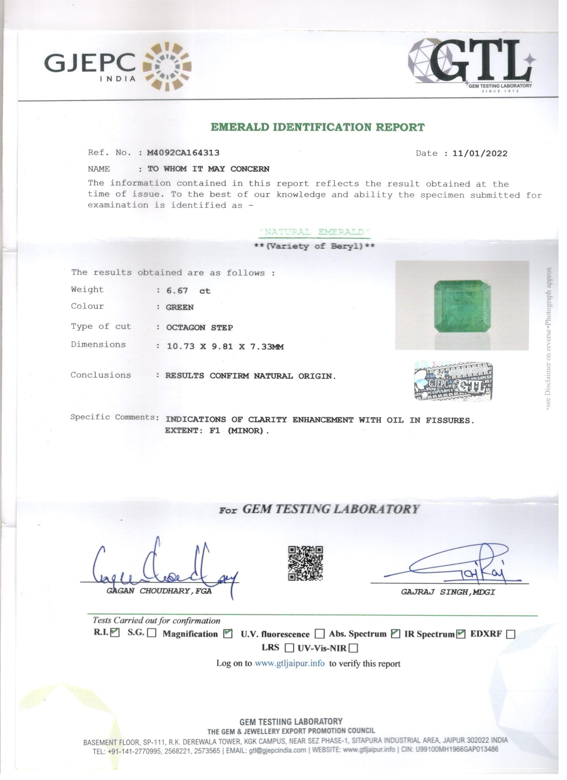 Zambian Emerald - 6.67 Carat Prime Quality EMD-9217