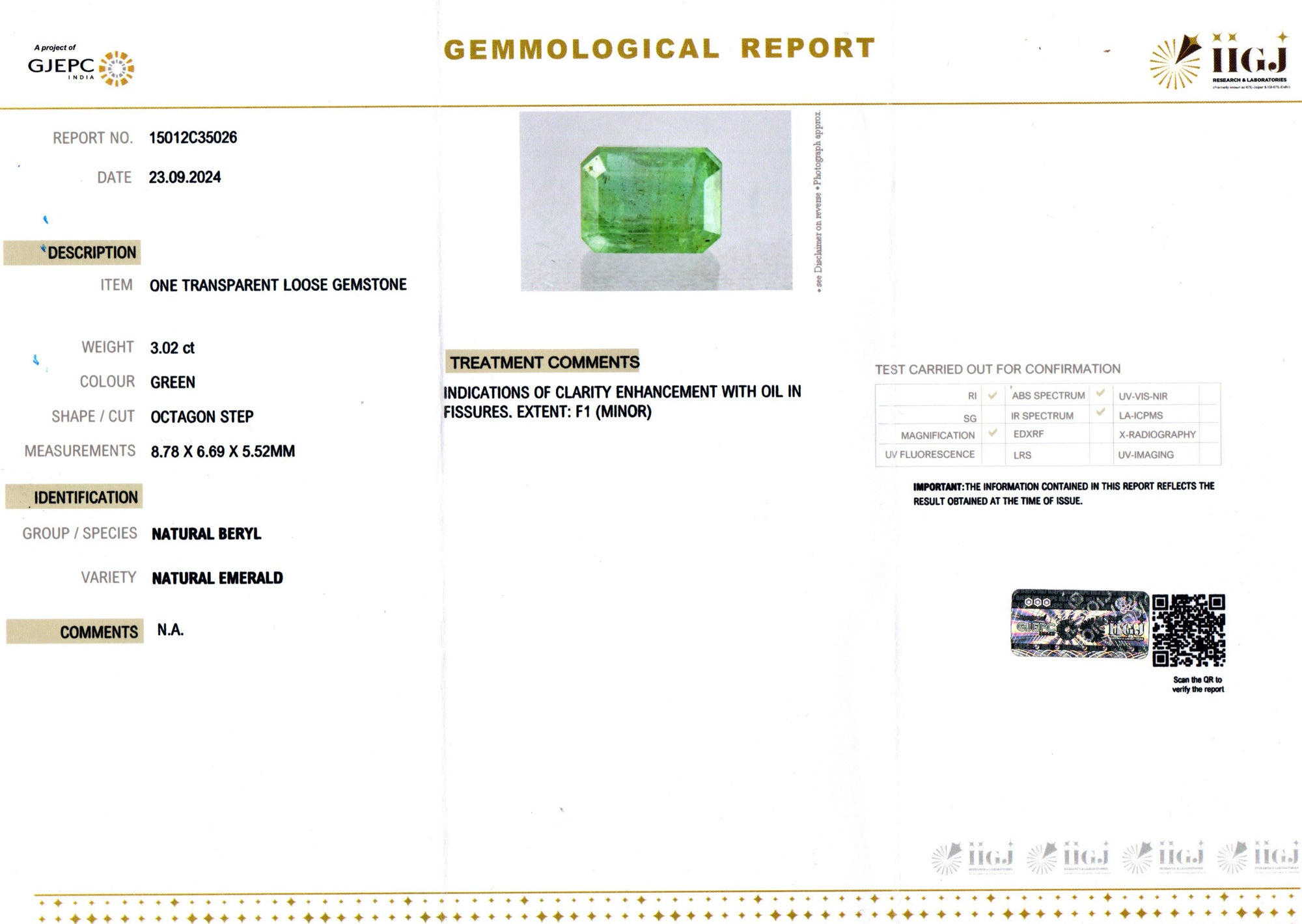 Zambian Emerald - 3.02 Carat Prime Quality EMD-9220