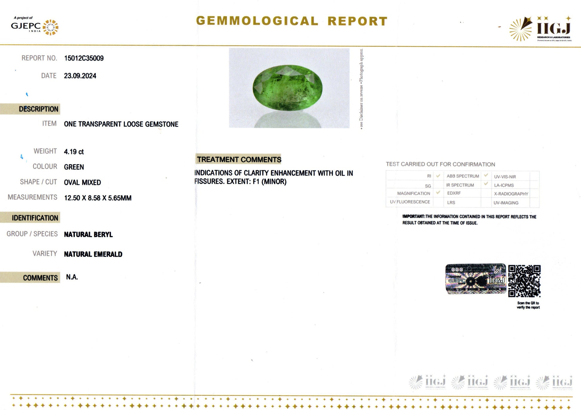 Zambian Emerald - 4.19 Carat Prime Quality EMD-9247