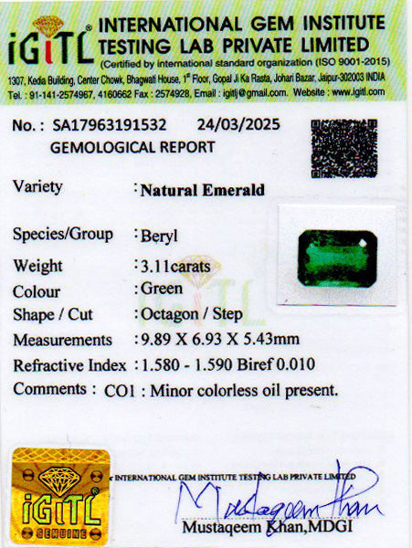 Zambian Emerald - 3.11 Carat Prime Quality EMD-9268
