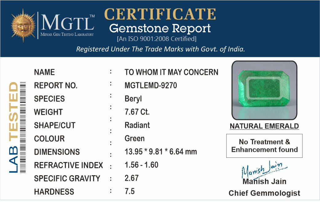 Zambian Emerald - 7.67 Carat Prime Quality EMD-9270