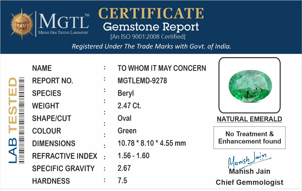 Zambian Emerald - 2.47 Carat Prime Quality EMD-9278