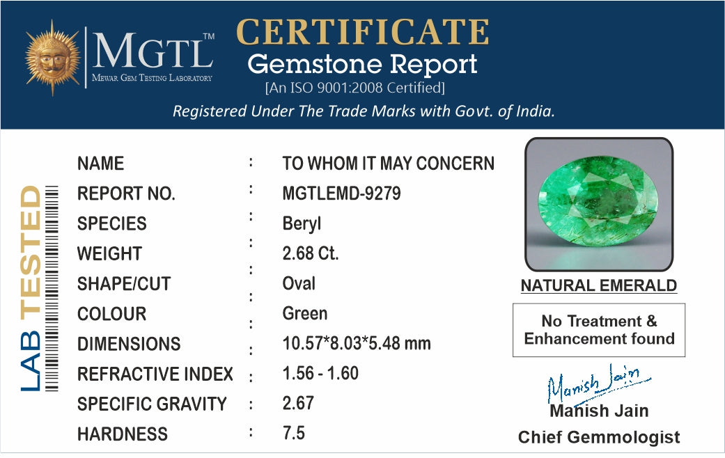 Zambian Emerald - 2.68 Carat Prime Quality EMD-9279