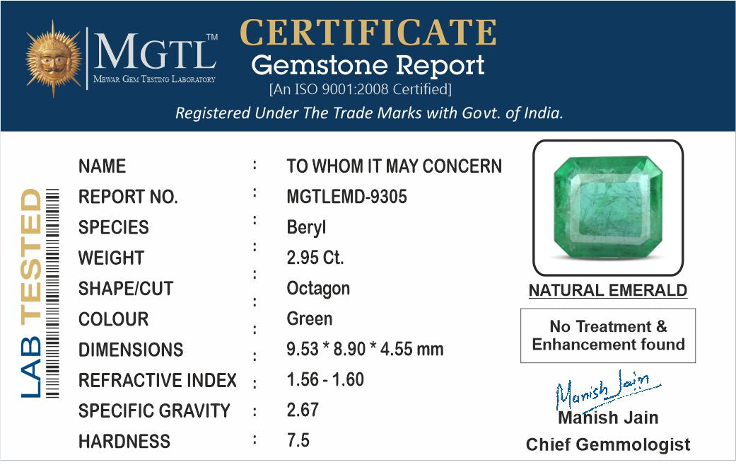 Zambian Emerald - 2.95 Carat Rare Quality EMD-9305