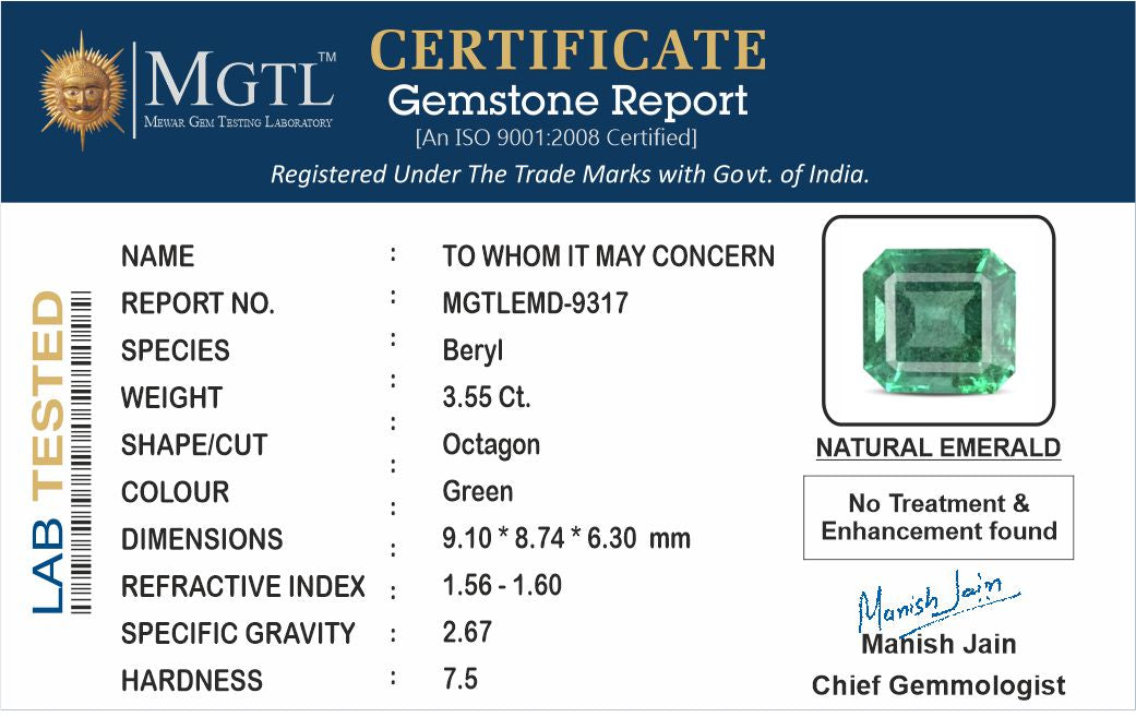 Zambian Emerald - 3.55 Carat Rare Quality EMD-9317