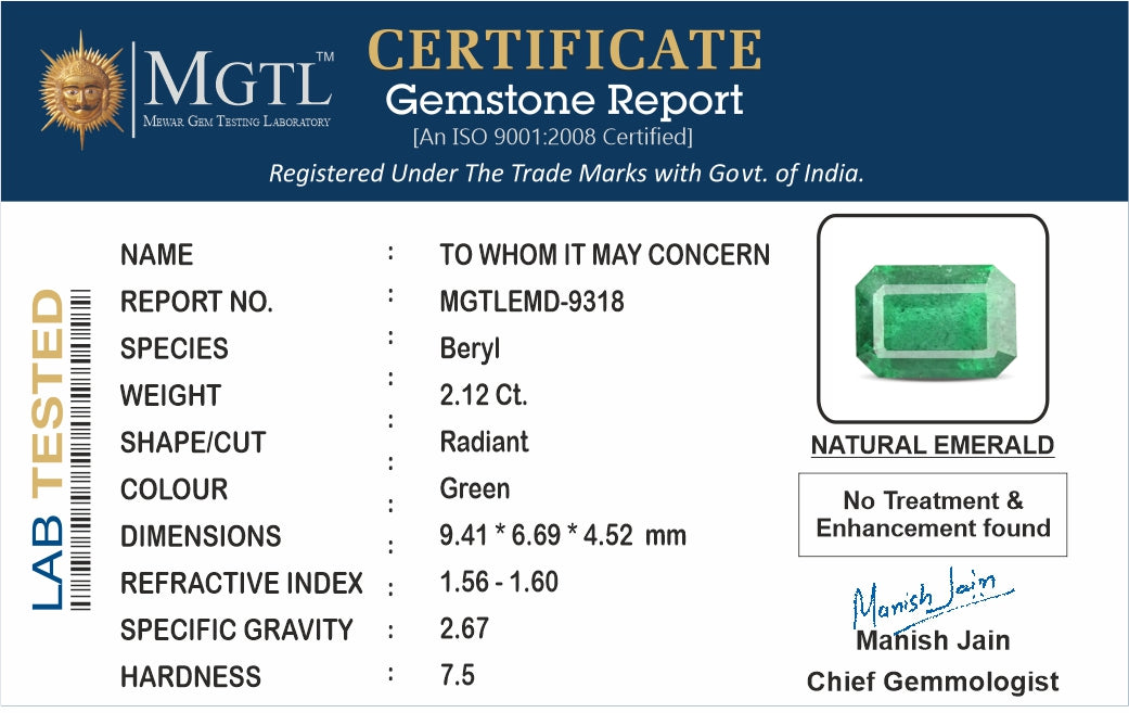Zambian Emerald - 2.12 Carat Limited Quality EMD-9318