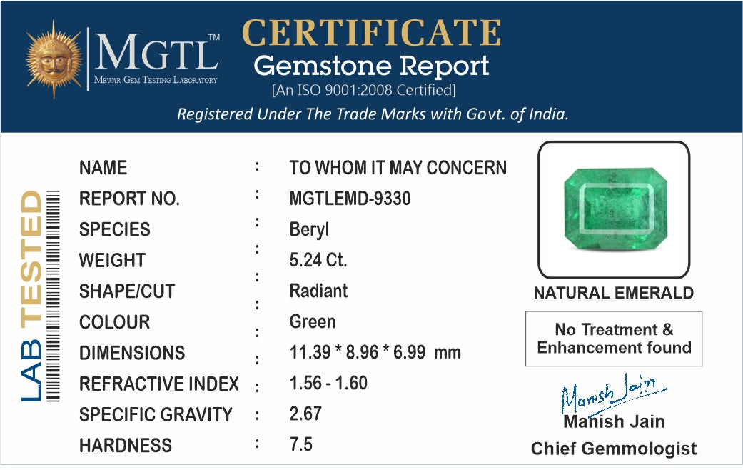 Zambian Emerald - 5.24 Carat Rare Quality EMD-9330