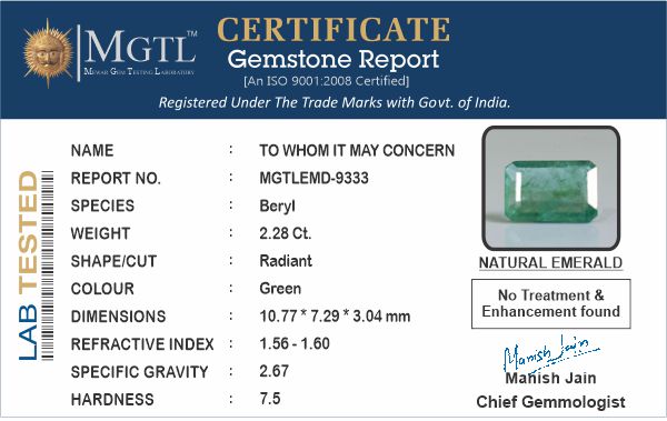Zambian Emerald - 2.28 Carat Prime Quality EMD-9333